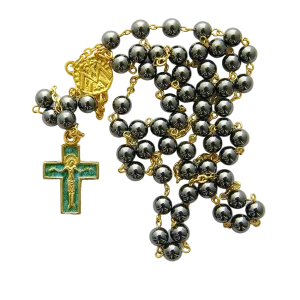 Chapelet en hématite – Croix émaillée – CH5-0181