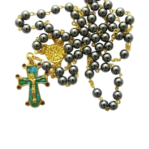 Chapelet en hématite et dorure – Croix émaillée cabochons – CH5-0197