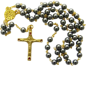 Chapelet en hématite et chaine dorée – Crucifix doré – CH5-0202