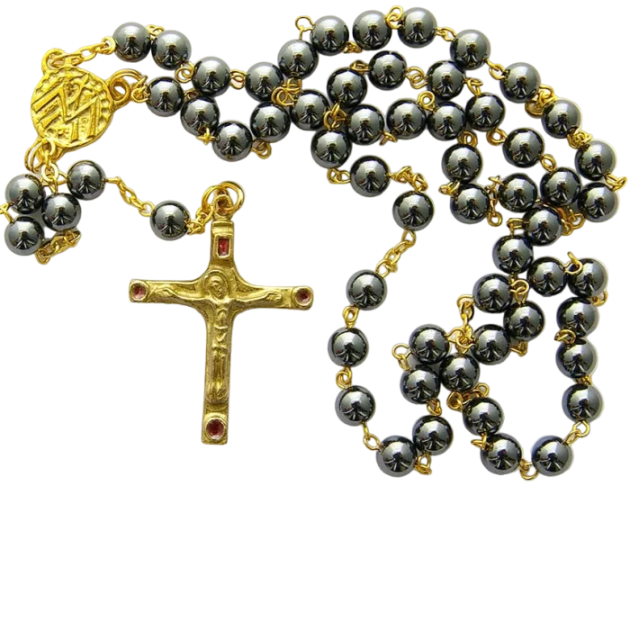 Chapelet en hématite et chaine dorée – Crucifix émaillé – CH5-0202
