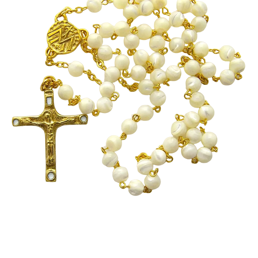 Chapelet en perles de nacre et chaine dorée – Crucifix émaillé – CH6-0202