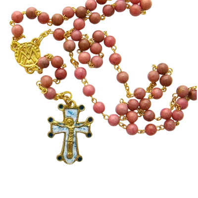 Chapelet en Rhodonite avec une croix et le Christ – CH9-0197