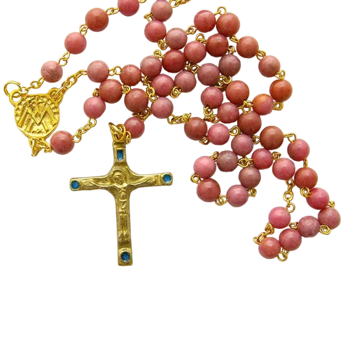 Chapelet en Rhodonite – Crucifix et cabochons – CH9-0202