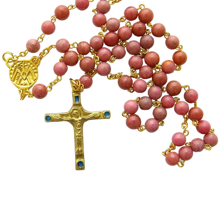 Chapelet en Rhodonite – Crucifix et cabochons – CH9-0202