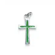 Pendentif croix fine en argent émaillé vert