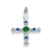 Croix fleuronnée en argent massif et cabochons bleus