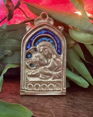 Plaque Vierge à l&rsquo;Enfant bronze émaillé – 5,5cm – 0235