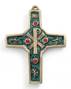 Croix murale en bronze émaillé : chrisme et volutes – 10,5 cm – 890