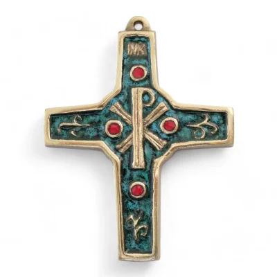 Croix murale en bronze émaillé : chrisme et volutes – 10,5 cm – 890